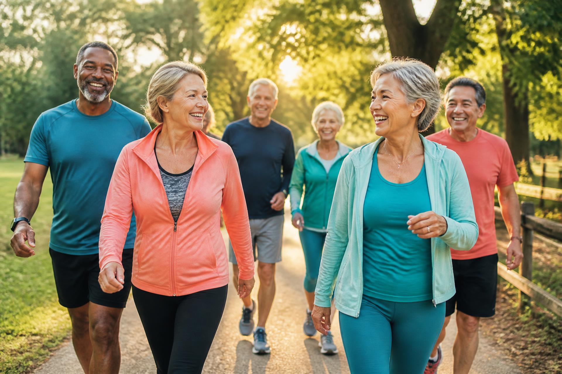 Diverse active adults walking and smiling together outdoors